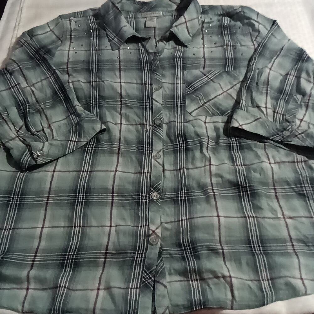 Catherine's Embellished Green Plaid Button Up Shirt 2X 3/4 Sleeve Cotton Blend